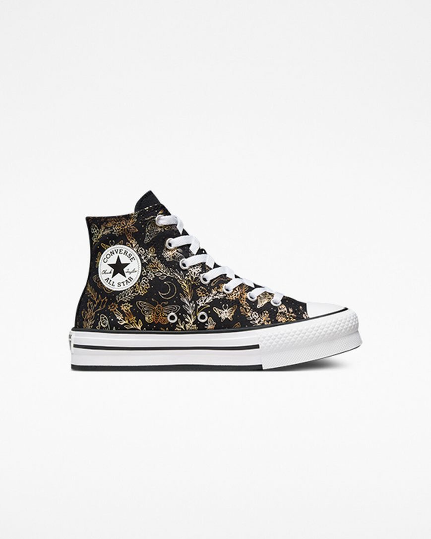 Zapatos Plataforma Converse Chuck Taylor All Star EVA Lift Butterfly Shine Altas Niña Negras Doradas Blancas | PE W75LP0